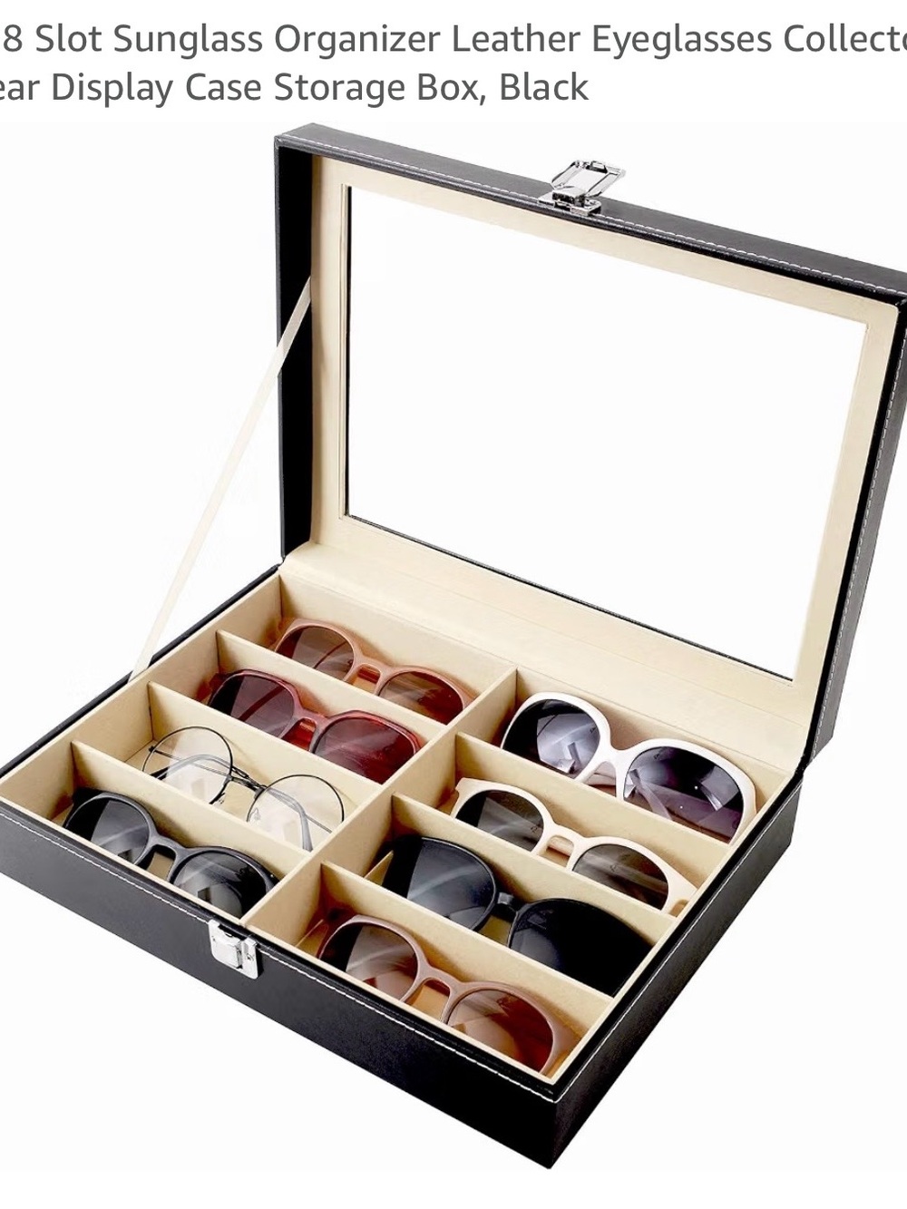 Siveit 8 Slot Sunglasses Eyeglasses Organizer Black Leather Display Case